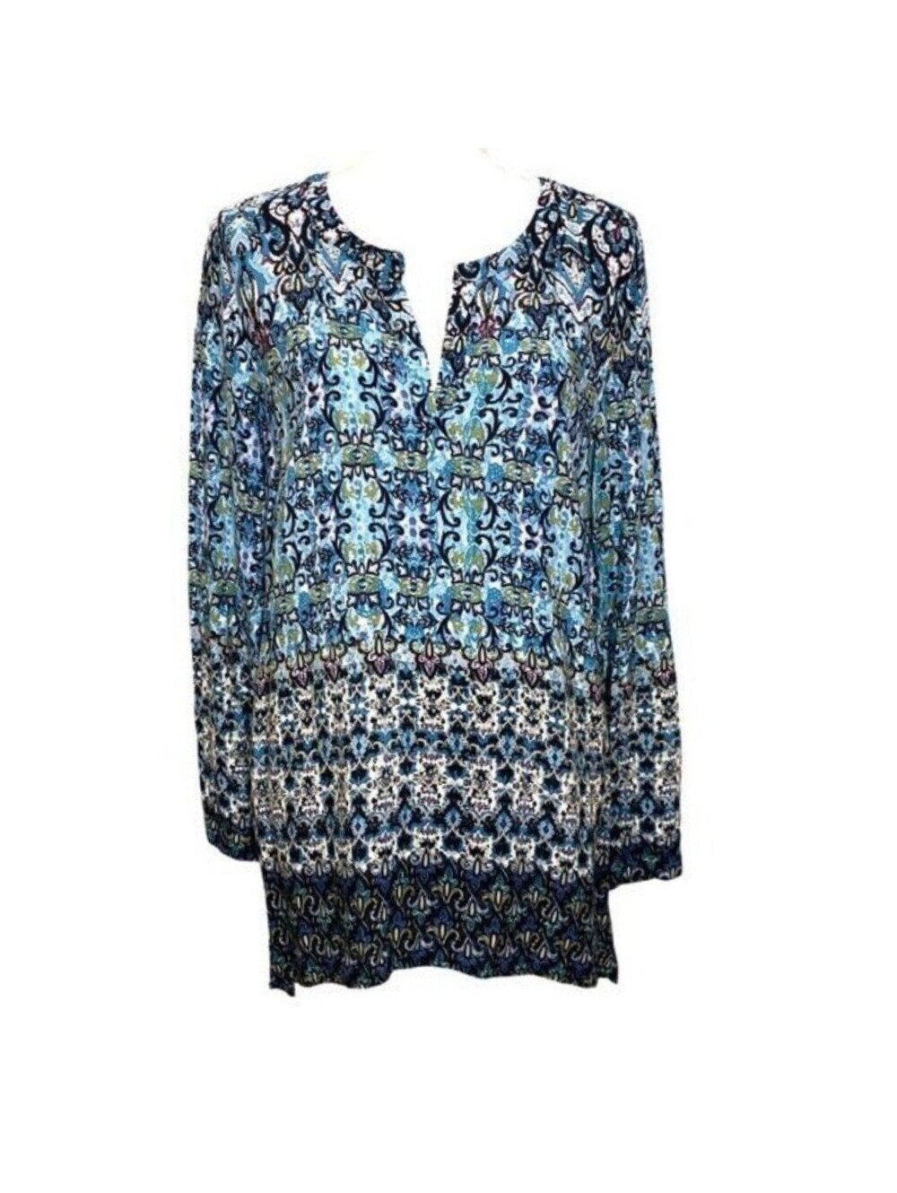 J. Jill Blue Paisley Damask Print Split Neck Long Sleeve Tunic Blouse Medium